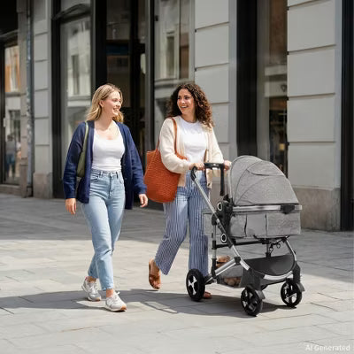 Kinder King Cozi 2 Convertible Baby Stroller, Folding High Landscape Infant Carriage, Adjustable Canopy, Diaper Bag, Anti-Shock, Dark Grey