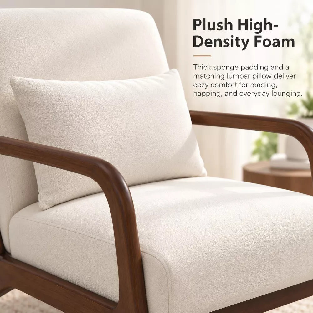 Mid Century Modern Accent Chair with Wood Frame – Cozy Reading Armchair for Living Room, Bedroom or Sunroom (Waist Cushion Included)