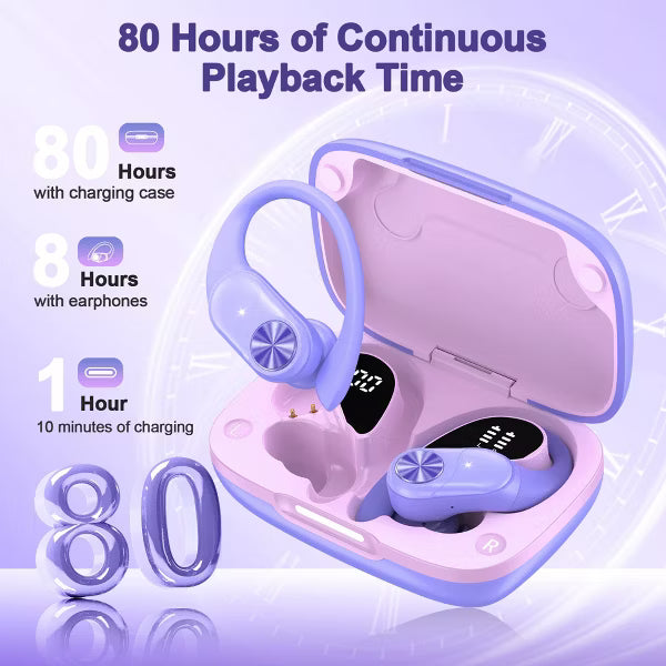 Wireless Earbuds, 88Hrs Playback, Sport Earhooks, Digital Display Charging Case, IPX7 Waterproof, Deep Bass, for iOS Android Purple