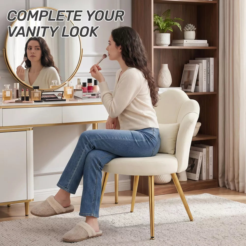 KERDOM Velvet Lounge Chair with Curved Back, Upholstered Vanity Seat with Gold Legs for Bedroom and Living Area,Beige