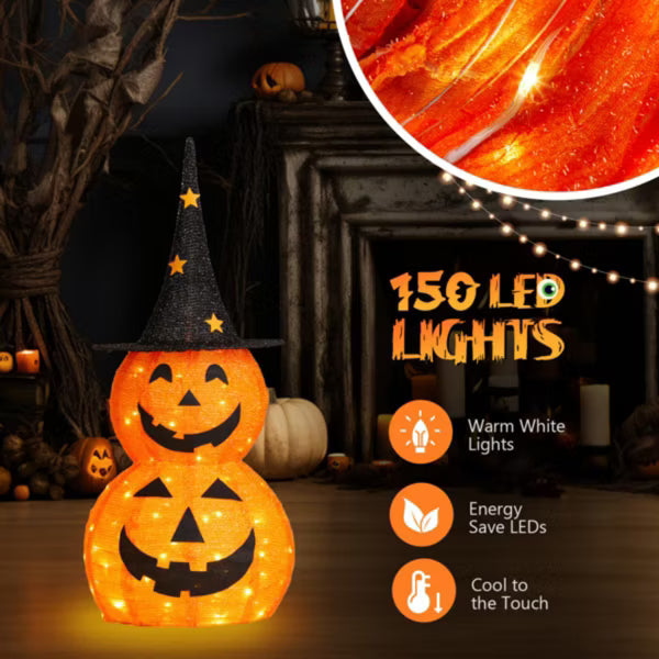 Laukingdom 2pc 3ft Halloween Collapsible Pumpkin Decorations with 150 LED Lights, Lighted Pumpkin Yard Decor for Indoor Outdoor Holiday Party Display