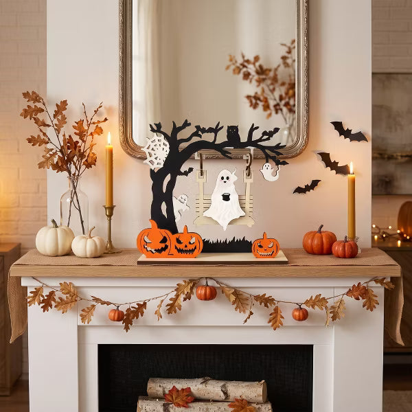 Halloween Ghost Pumpkin Wooden Table Decor Cute Ghost Pumpkin Centerpiece for Home Dining Table Office Shelf Party Decoration