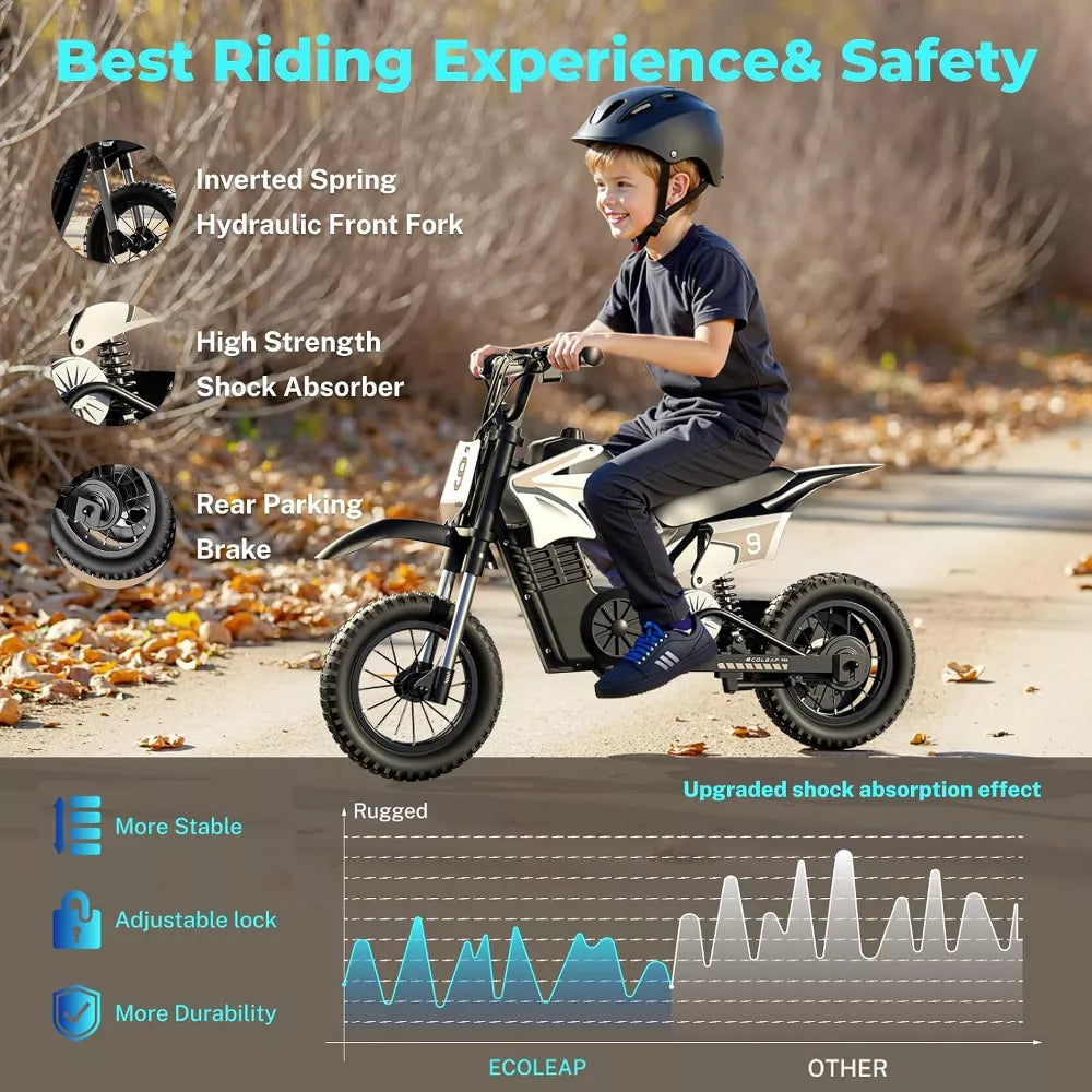 ECOLEAP K1 Kids Electric Dirt Bike 36V – 16MPH Fast, 14-Mile Range, 700W Peak Motor, 3-Speed Modes, 12" Off-Road Tires, UL,Ages 3-10,Gray
