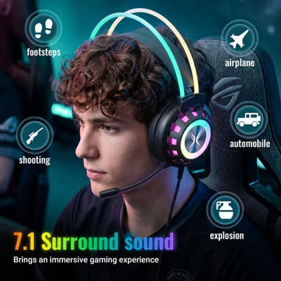 G3 Pro USB Gaming Headset for PC, Computer Headphones with Noise-Cancelling Mic, 7.1 Surround Sound, RGB Light - Wired for PS4/PS5/Lapto（Black)