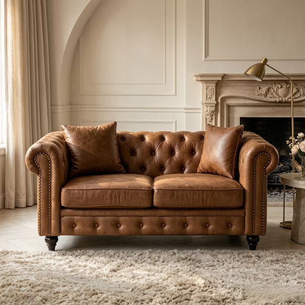63.5" Chesterfield Sofa Couch, Modern Tech Fabric Tufted 3 Seat Sofa with Nailhead Arms, Wood Legs and 2 Pillows for Living Room