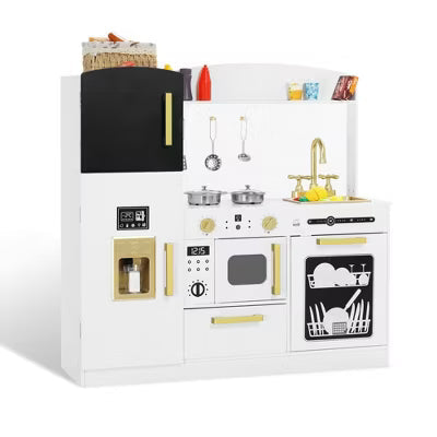 Kinder King Wooden Play Kitchen Set for Kids with Ice Maker, Sink, Microwave, Dishwasher & Accessories – Role Play Toy for Toddlers Ages 3+, White
