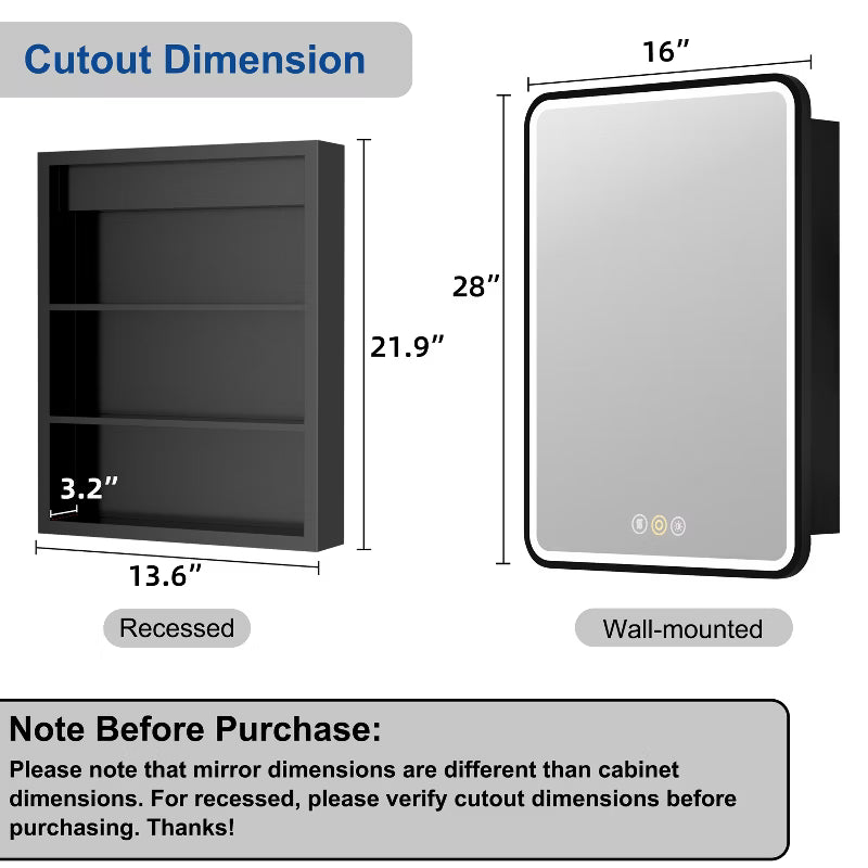 Aris 20"x28" LED Medicine Cabinet with Mirror, Wall/Recess Mount Bathroom Cabinet,3-Mode Light, Anti-Fog, Adjustable Shelves,ETL Certified, Black