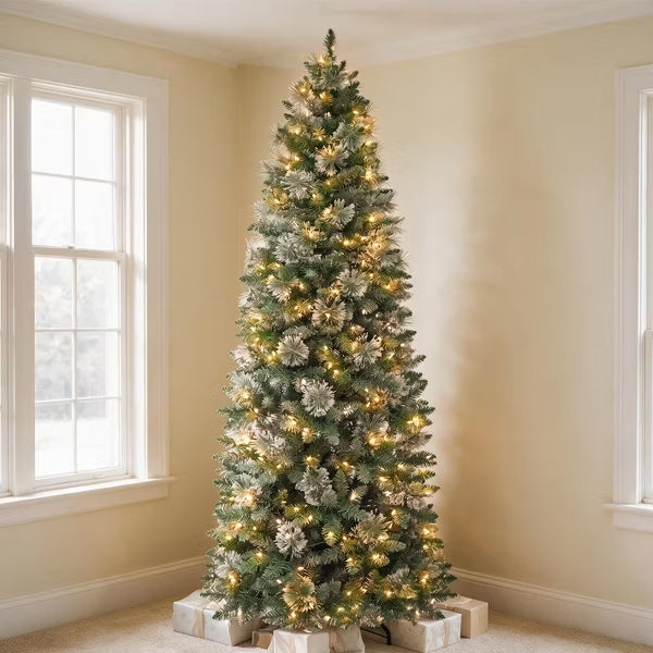 VIVATREES 7.5ft Prelit Christmas Tree Artificial Pine Needles Pencil Warm White LED Lights Metal Stand Hinged Branches for Holiday Decor