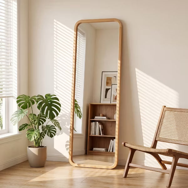 Natural Solid Beech Wood Full Length Floor Mirror with Stand Wall Mounted Dressing Mirror Bedroom Living Room Entryway
