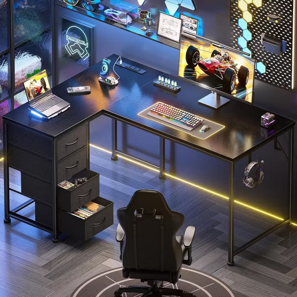 Qwatto 43" L Shaped Computer Desk with Power Outlets and USB Port Reversible Corner Gaming Desk with Storage Drawers for Home Office Study Black