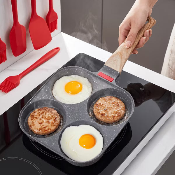 Egg Pan Nonstick 4-Cup, Breakfast Skillet with Lid & Tools, Aluminum Omelette Pan for Pancakes, Easy-Clean Cookware Compatible with Gas & Induction