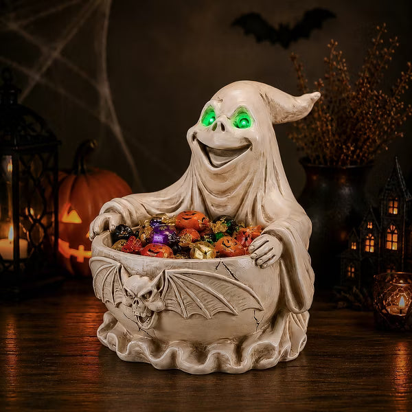 Halloween Ghost Figurine, Spooky Resin Statue with Green Glow Eyes, Creepy Gothic Tabletop Decor for Haunted House Party