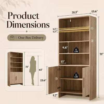AMERLIFE 71" Modern Bookcase with Fluted Storage Cabinet, 6-Tier Adjustable Shelves, Natural