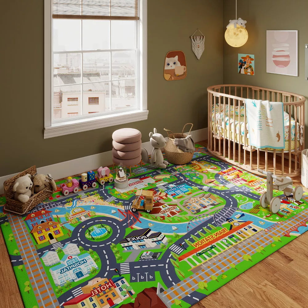 LOVEVOOK Car Rug Play Mat for Kids Toy Cars, Playmat for Kid Bedroom, Non-Slip Machine Washable Town City Race Track Carpet 4x5 Feet