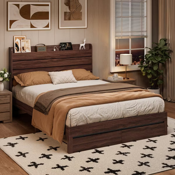 Qwatto Mid Century Modern Walnut Queen Platform Bed Frame with Storage Wood Headboard 2 Drawers Charging Station USB and Type-C No Box Spring Needed