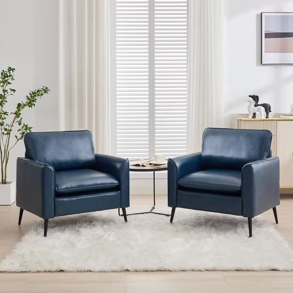 TYBOATLE Blue Leather Accent Chair Set of 2, Mid-Century Modern Comfy Armchair for Living Room, Lobby, Office, Reception
