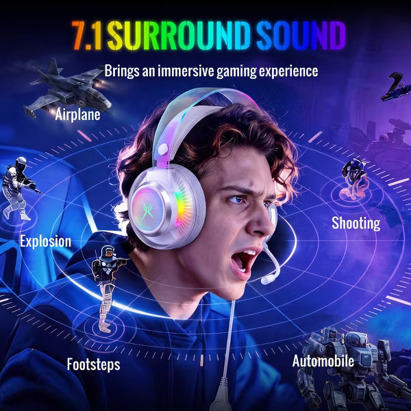 Pro USB Gaming Headset for PC, Computer Headphones with Noise-Cancelling Mic, 7.1 Surround Sound, RGB Light - Wired for PS4/PS5/Laptop Silver