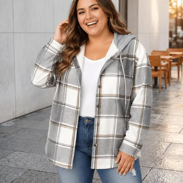 Plaid Hooded Jackets for Women, Fleece Lined Winter Coat with Drawstring, Single Breasted Casual Outerwear, S-XXL