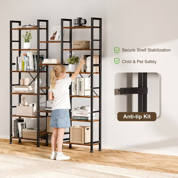 Qwatto Brown 6 Tier Bookshelf 17 Open Display Shelves Wood Metal Storage Organizer Industrial Wide Shelving Unit Freestanding Etagere in Home Office