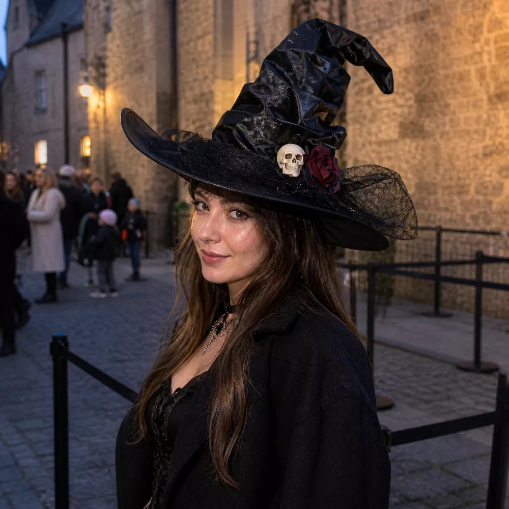 Women’s Gothic Witch Hat with Skull and Burgundy Rose – Black Halloween Costume Accessory