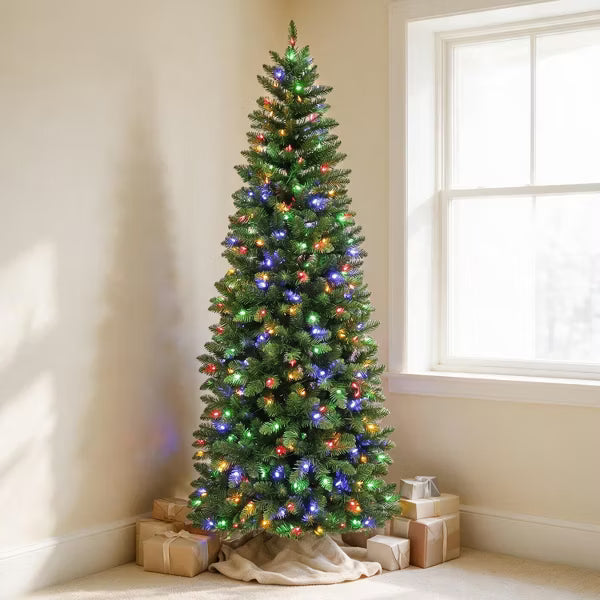 VIVATREES 6ft Prelit Christmas Tree Artificial Slim Pine Dual Color 10 Funtion Changing LED Lights Metal Stand Hinged Branches for Holiday