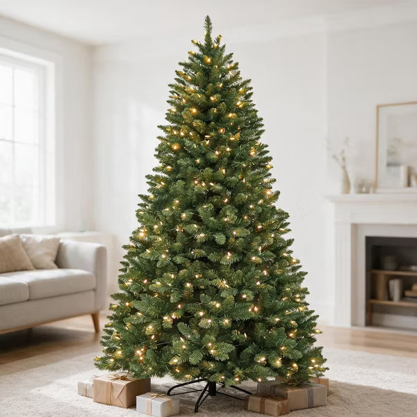 VIVATREES 7.5ft Prelit Artificial Christmas Tree with Hinged Branches Metal Stand Realistic Xmas for Holiday Decor Green