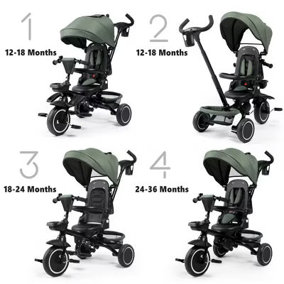 Kinder King 8 in 1 Kids Tricycle Folding Toddler Trike w/Adjustable Push Handle, Military Green