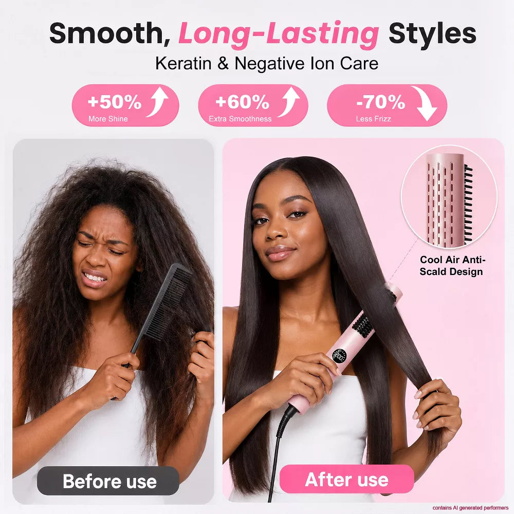 Cold Air Straightening Brush,Curved Straightening Brush,Moisturizing Hair Care,5-level Temperature Control,Straight Hair and Voluminous Roots(Pink)