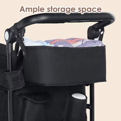 Kinder King Folding Wagon Stroller for 2 Kids, Adjustable Handle, All-Terrain Shock-Absorbing Wheel, Detachable Tray, Diaper Bag, Black
