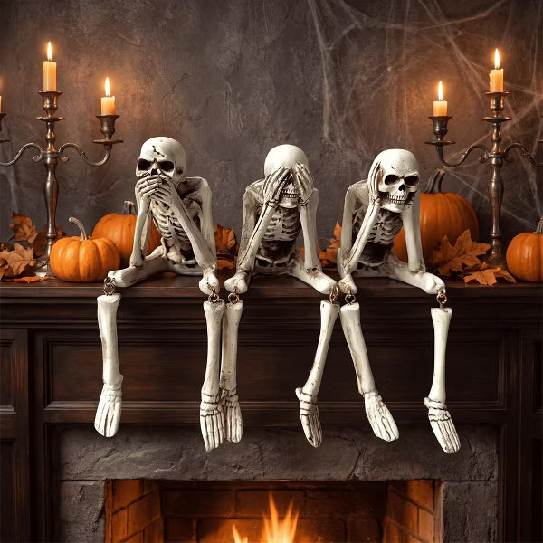 Set of 3 Halloween Skeleton Shelf Sitter Figurines, Resin See No Evil Hear No Evil Speak No Evil Statues, Gothic Indoor Tabletop Mantel Decor