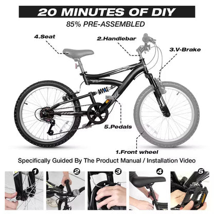 Hykolity Kids Mountain Bike 20 inch MTB Bicycle Age 6-12 Years Height 42-56 in Tween Cycling Full Suspension Sport Outdoor Bikes - Jet Black
