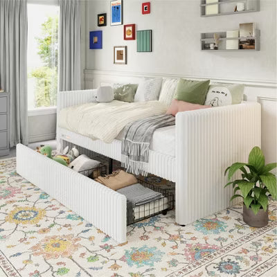 AMERLIFE Twin Daybed with 2 Storage Drawers, Corduroy Upholstered Sofa Bed with Charging Station & Night Light, Cream