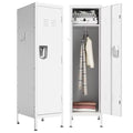 VIYET 55" White Metal Wardrobe Cabinet, Narrow Steel Clothing Storage with Lock & Ventilated Door, Side Hooks, Freestanding Closet