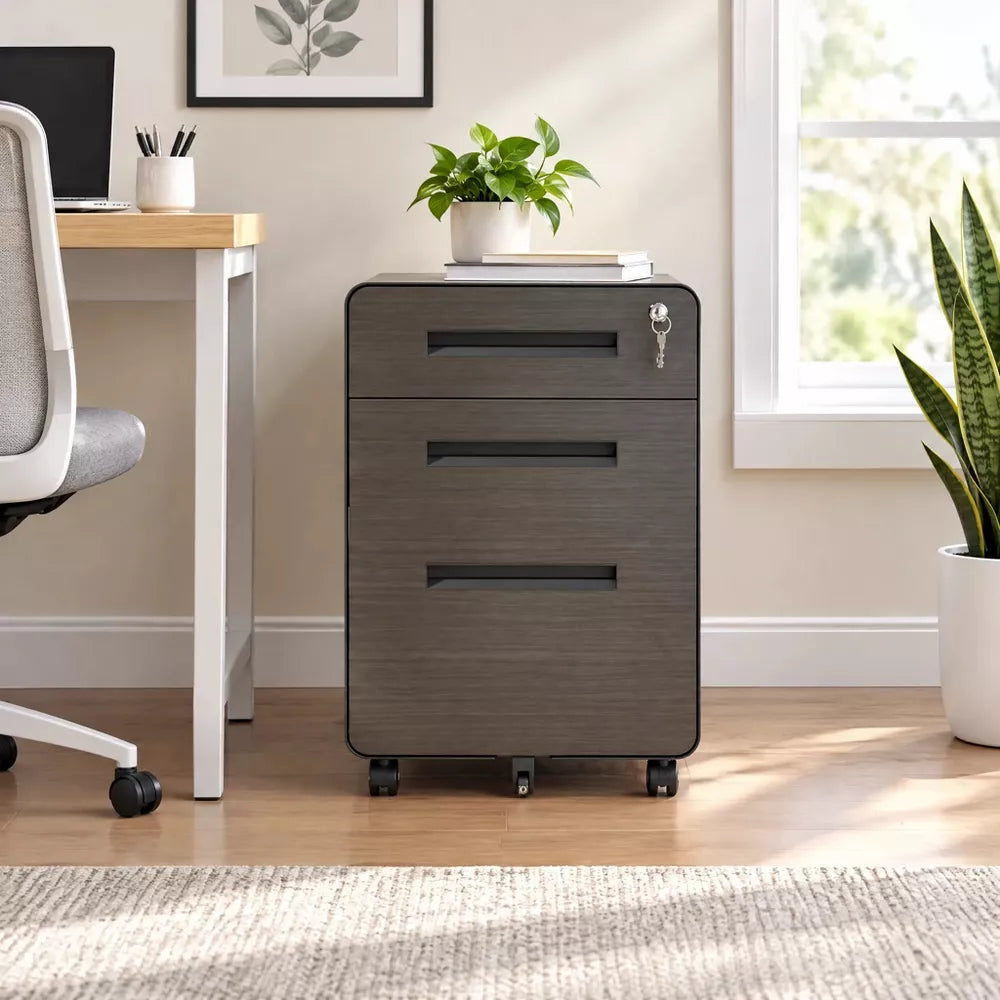 VIYET 3 Drawer Mobile File Cabinet with Lock, Fully Assembled Rolling Steel Filing Cabinet with Locking Casters, Anti-Tip Storage