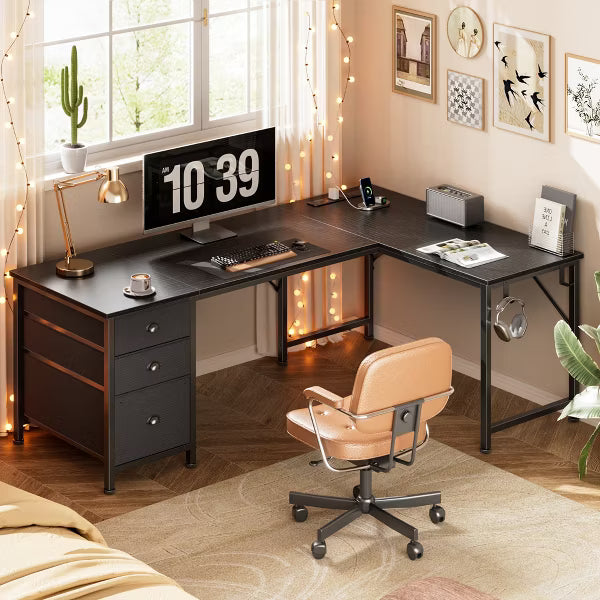 Qwatto 55 Inch L Shaped Gaming Desk Black Computer Corner Table with Power Outlets USB C Ports File Fabric Drawers Large Storage for Writing Bedrooms