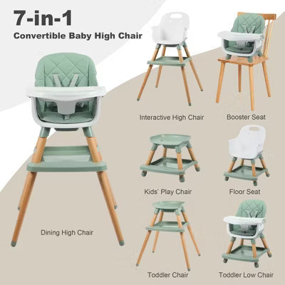Kinder King 7 in 1 Baby High Chair Convert to Wooden Feeding Chair Removable Tray 5-Point Harness Green