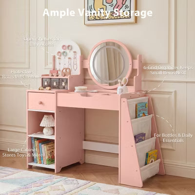 Kinder King Kids Vanity Set with Dimmable LED Mirror, Pink Makeup Table and Chair with Storage Shelves and Organizer