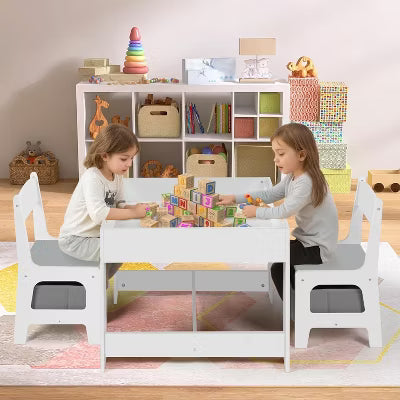 Kinder King 3-in-1 Kids Table & 2 Chairs Set with Storage, Removable Top & Blackboard, for Art, Crafts, Reading, Play, Grey