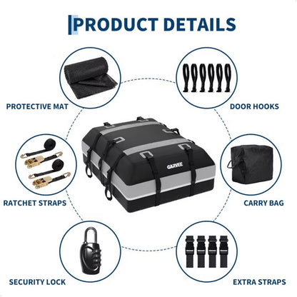 21 Cubic Feet Waterproof Car Roof Cargo Bag, Soft Shell Roof Storage with Lock, Straps, Anti-Slip Mat & Door Hooks
