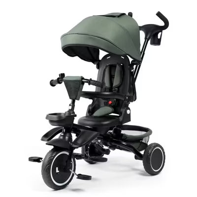 Kinder King 8 in 1 Kids Tricycle Folding Toddler Trike w/Adjustable Push Handle, Military Green