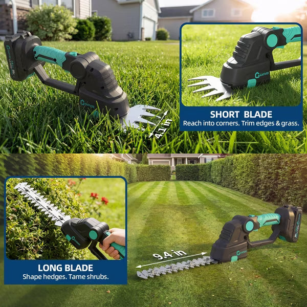 Garvee 2-in-1 Cordless Grass Shear & Shrub Trimmer, Hedge Trimmer, Rechargeable Handheld Garden Cutter for Small Yards & Lawn Edges, Lake Blue