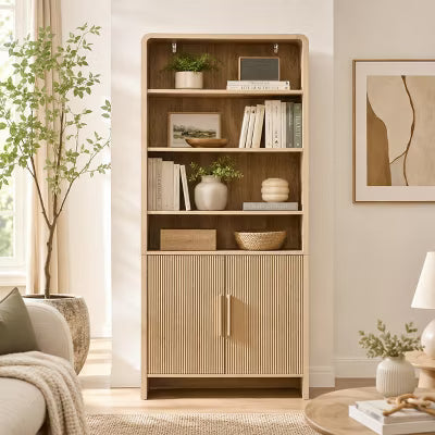 AMERLIFE 71" Modern Bookcase with Fluted Storage Cabinet, 6-Tier Adjustable Shelves, Natural