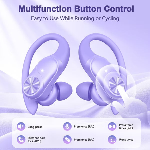 Wireless Earbuds, 88Hrs Playback, Sport Earhooks, Digital Display Charging Case, IPX7 Waterproof, Deep Bass, for iOS Android Purple
