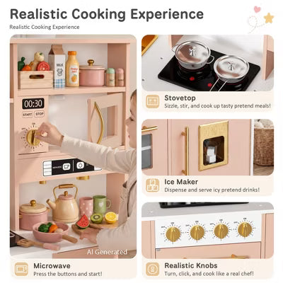 Kinder King Wooden Kids Play Kitchen, Toy Kitchen Playset for Toddlers, Realistic Kitchen Set with Sounds, Gift for Boys and Girls Age 3+, Bush Pink