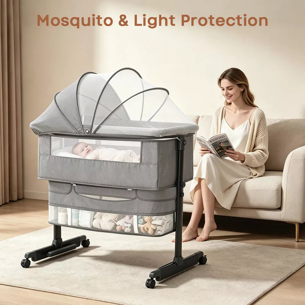 Baby Bassinet Bedside Crib with Adjustable Height, Breathable Mesh Sides, Wheels and Storage Basket,Pink