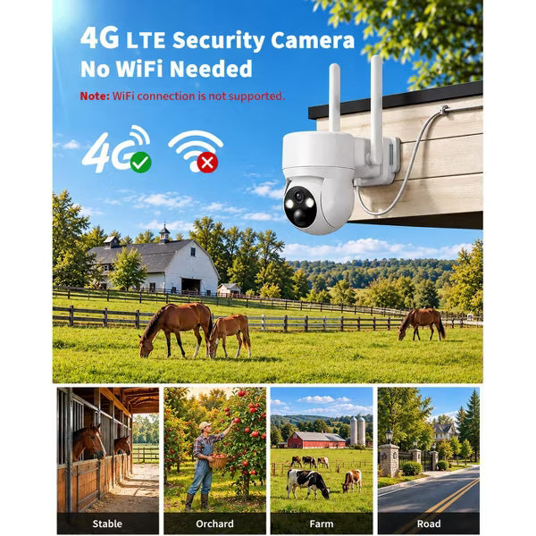 4G Solar Security Camera Outdoor, No WiFi Needed, 2K HD Color Night Vision, 360° Pan-Tilt, Built-in SIM Card,2-Way Talk for Yard & Farm