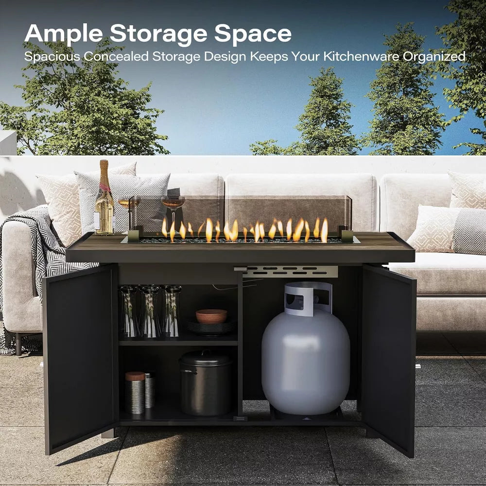 LAUSAINT HOME 43 Inch Outdoor Fire Pit Table, 55,000 BTU Gas Fire Pit with Lid with Glass Wind Guard for Outside Patio