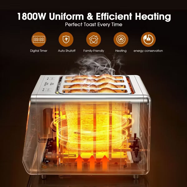 Teendow Touch Screen Toaster 4 Slice, 1800W Stainless Steel Digital Smart Toaster with Dual Controls, 6 Shade Levels for Bagels, Bread, and Pastries
