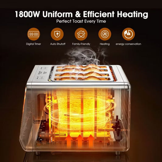 Teendow Touch Screen Toaster 4 Slice, 1800W Stainless Steel Digital Smart Toaster with Dual Controls, 6 Shade Levels for Bagels, Bread, and Pastries