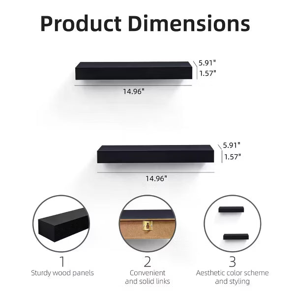 2-Piece Floating Wall Shelves, 14.96" Wood Set for Bedroom, Bathroom, Living Room, Kitchen, Storage for Books, Plants & Decor, Black